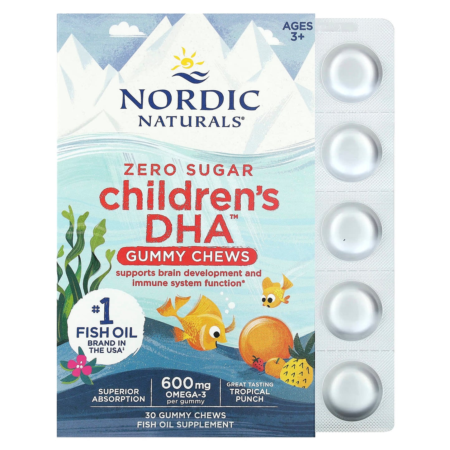 Nordic Naturals, Children's DHA Gummy Chews, Ages 3+, Tropical Punch, 600 mg, 30 Gummies - Image 1