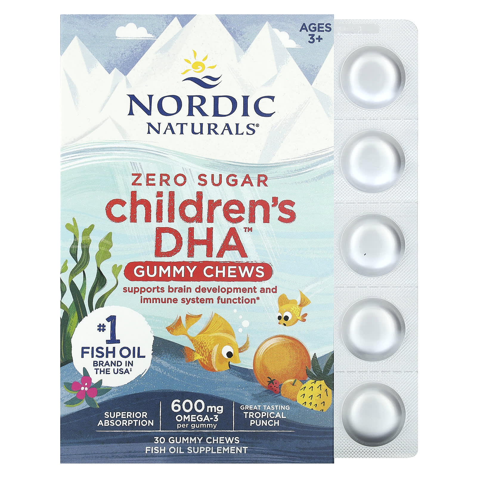 Nordic Naturals, Children's DHA Gummy Chews, Ages 3+, Tropical Punch, 600 mg, 30 Gummies - Image 1