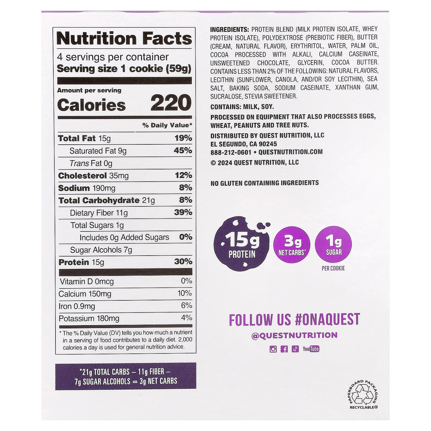 Quest Nutrition, Protein Cookie, Double Chocolate Chip, 4 Cookies, 2.08 oz (59 g) Each - Image 2