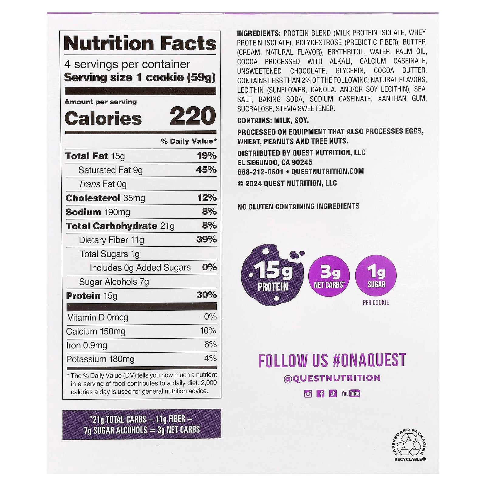 Quest Nutrition, Protein Cookie, Double Chocolate Chip, 4 Cookies, 2.08 oz (59 g) Each - Image 2