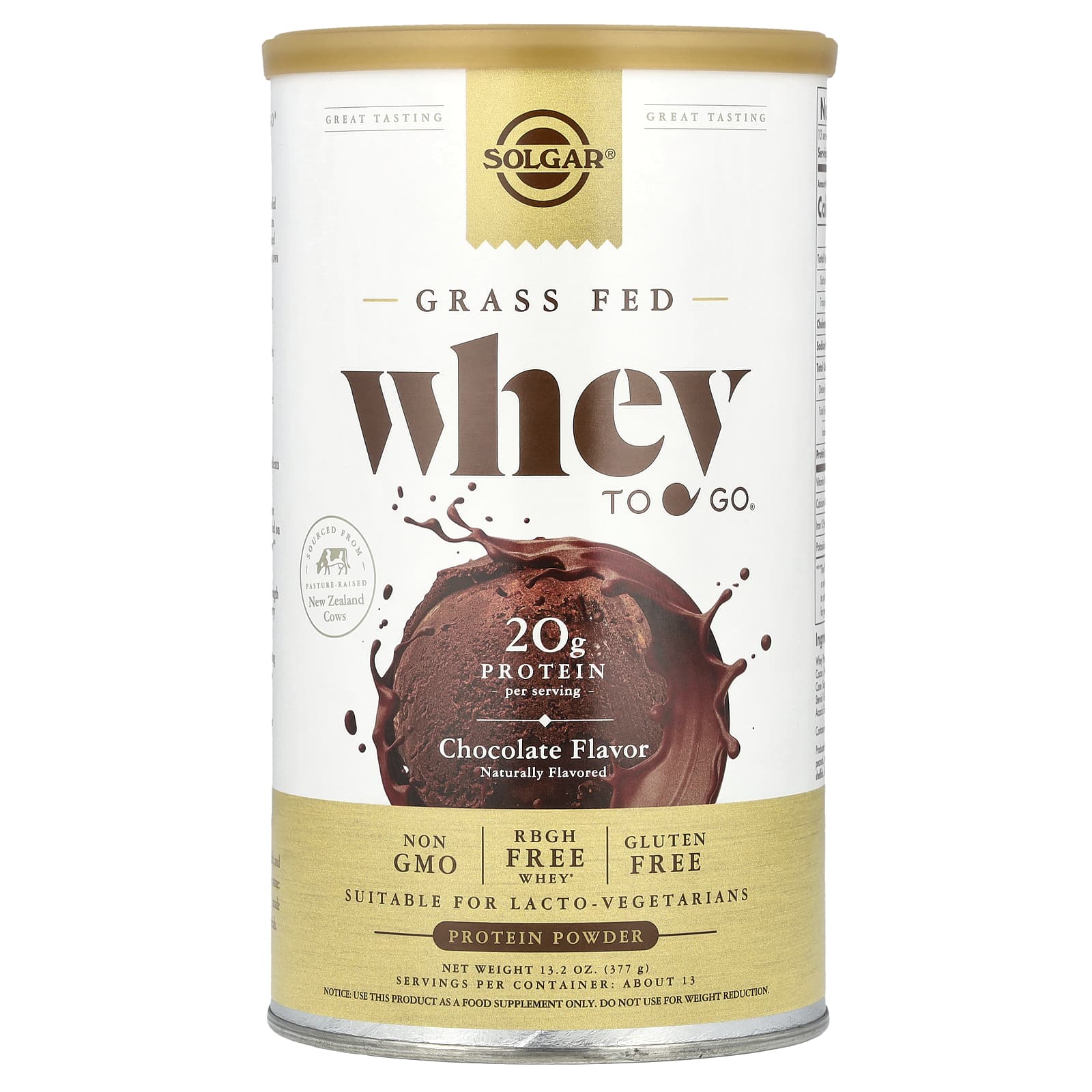 Solgar, Grass Fed Whey To Go®, Protein Powder, Chocolate, 13.2 oz (377 g) - Image 1