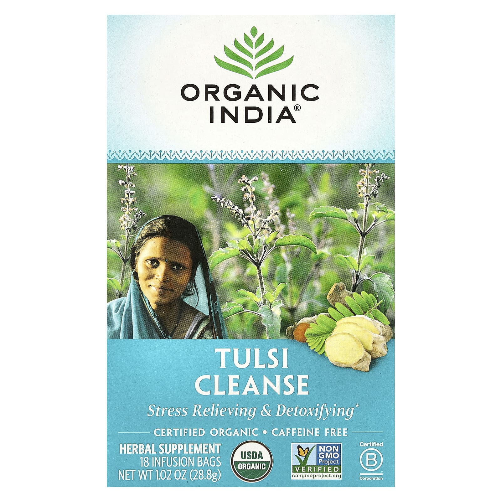 Organic India, Tulsi Cleanse Tea, Caffeine-Free, 18 Infusion Bags, 1.02 oz (28.8 g) - Image 1