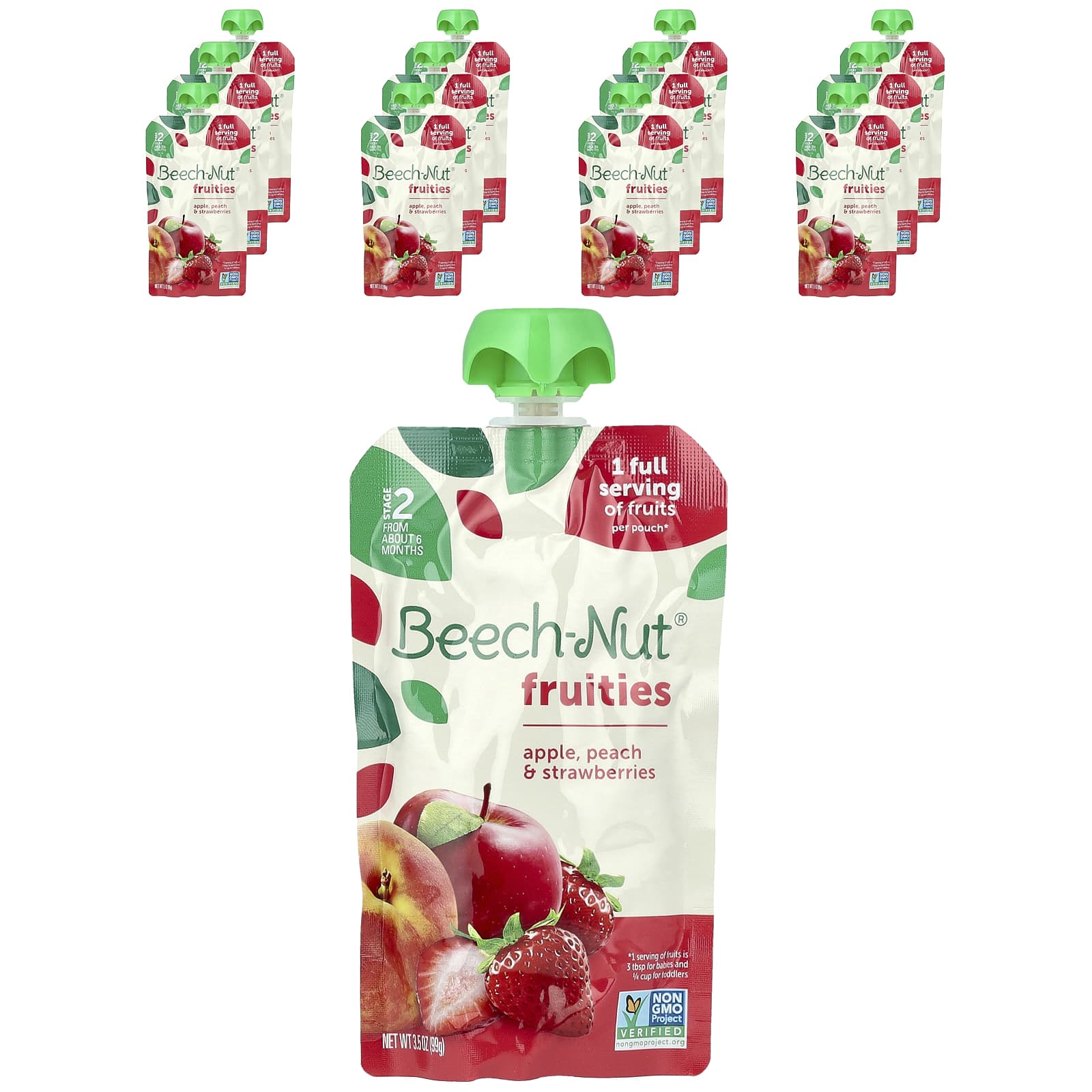 Beech-Nut Fruities Stage 2 Baby Food, 12 Pouches, Apple Peach & Strawberries - Image 1