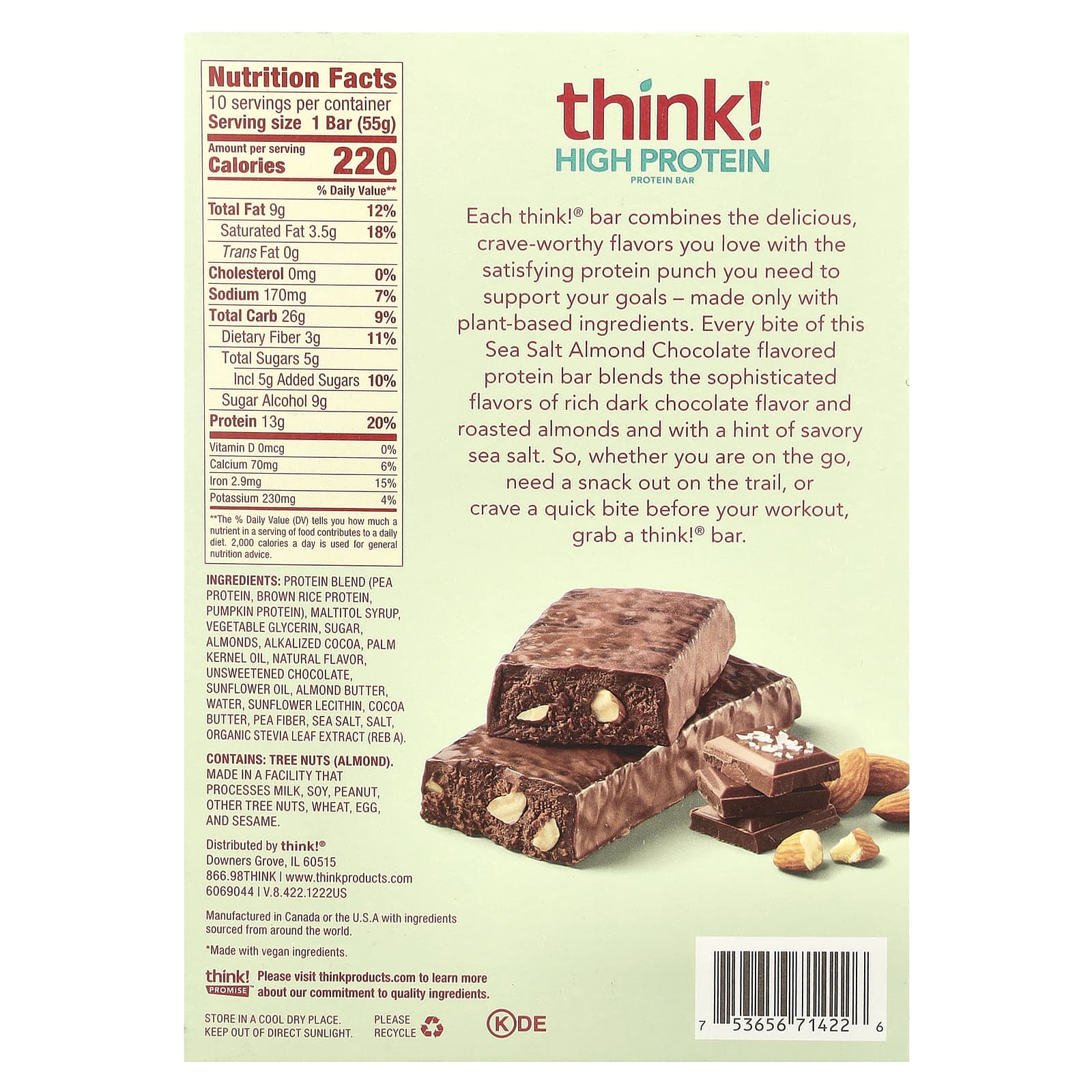 Think !, High Protein Bars, Sea Salt Almond Chocolate, 10 Bars, 1.94 oz (55 g) Each - Image 2