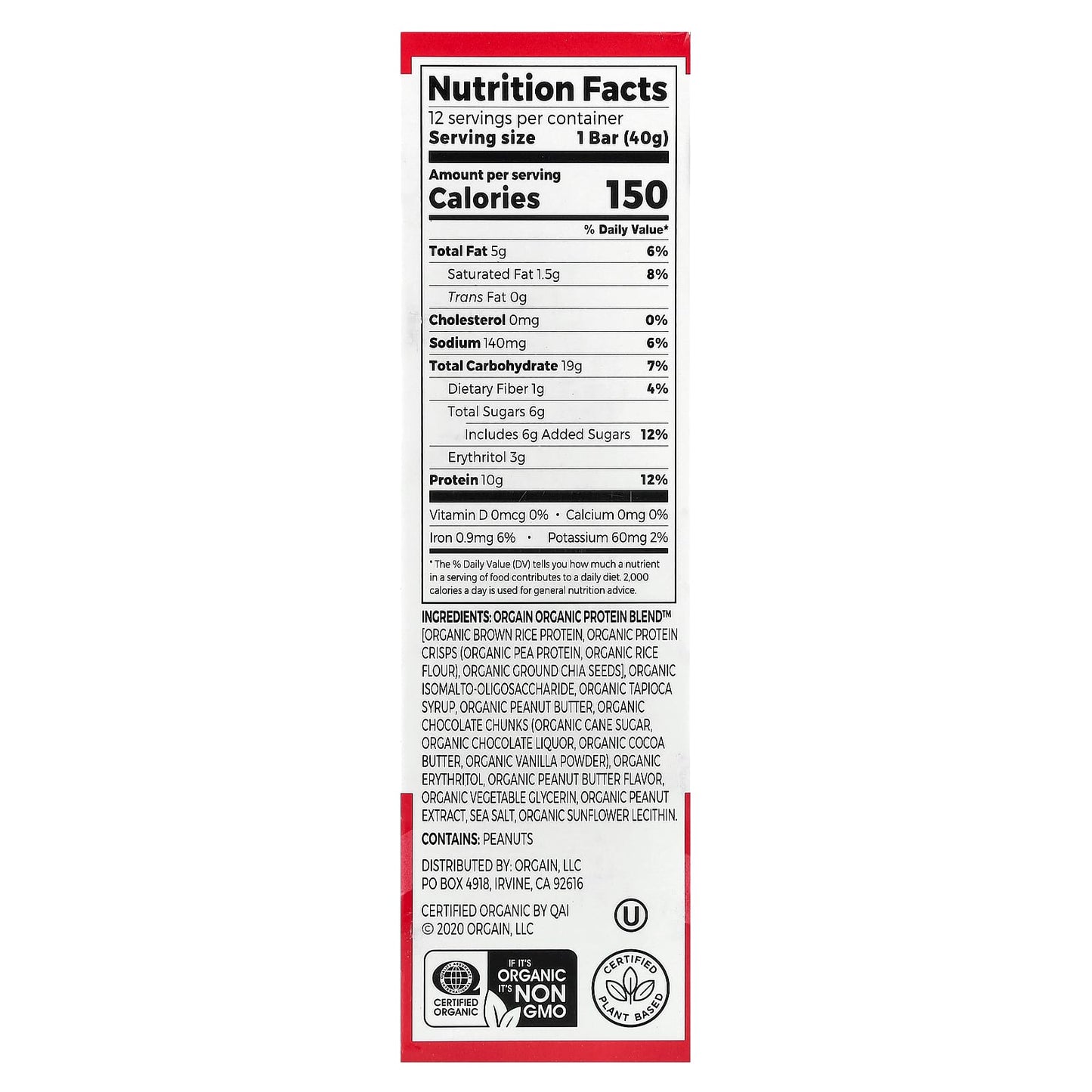 Orgain, Organic Plant-Based Protein Snack Bar, Peanut Butter Chocolate Chunk, 12 Bars, 1.41 oz (40 g) Each - Image 2