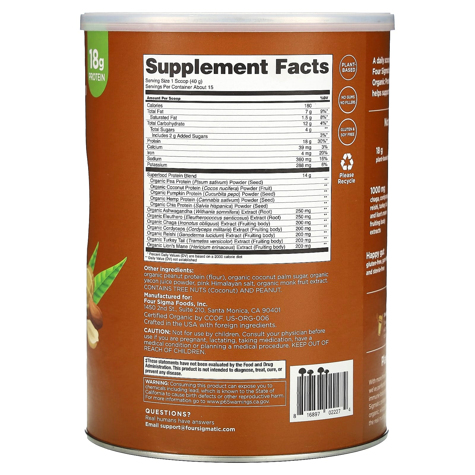 Four Sigmatic Peanut Butter Plant-Based Protein Powder, 18g Protein, USDA Organic - Image 2