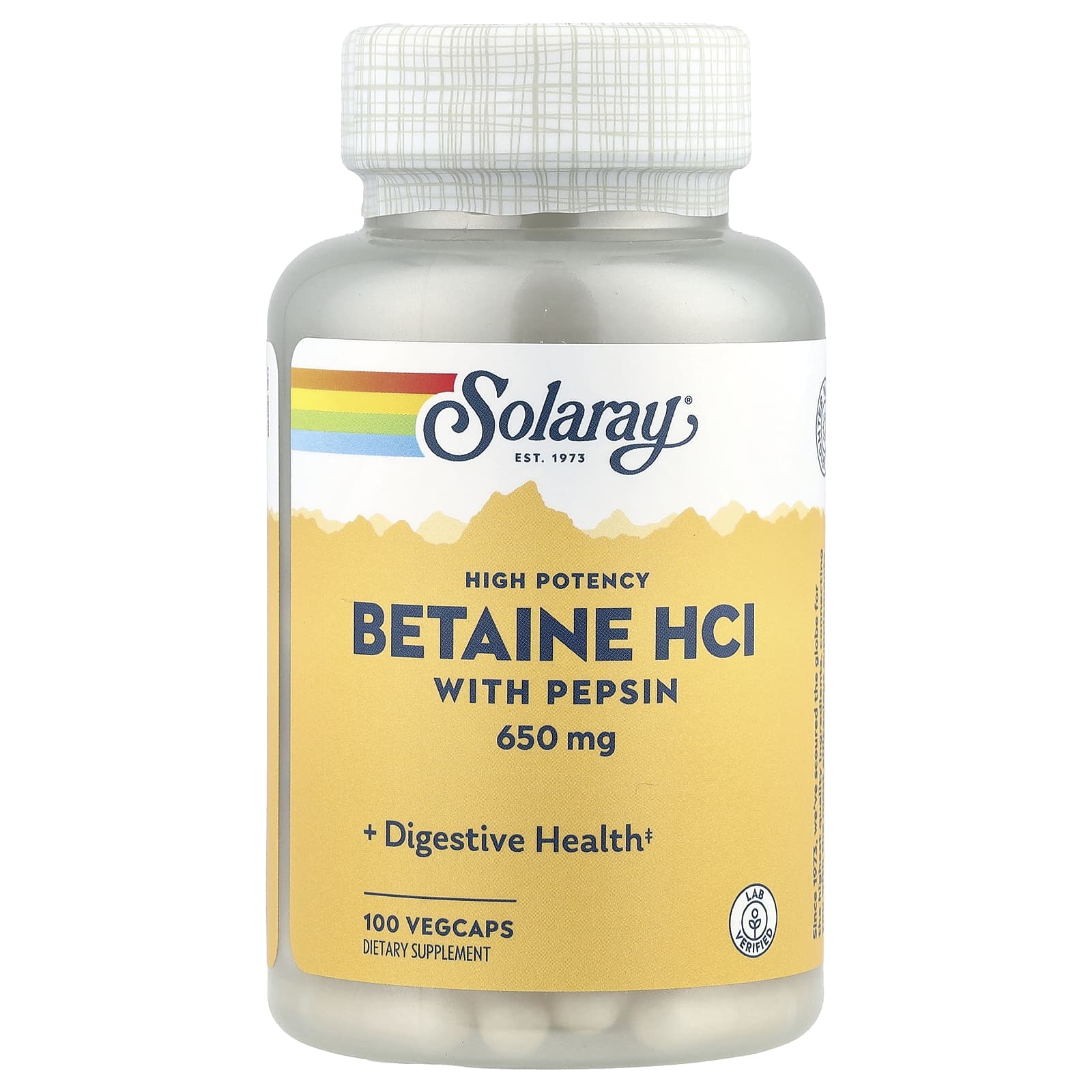 Solaray, High Potency Betaine HCl with Pepsin, 100 VegCaps - Image 1