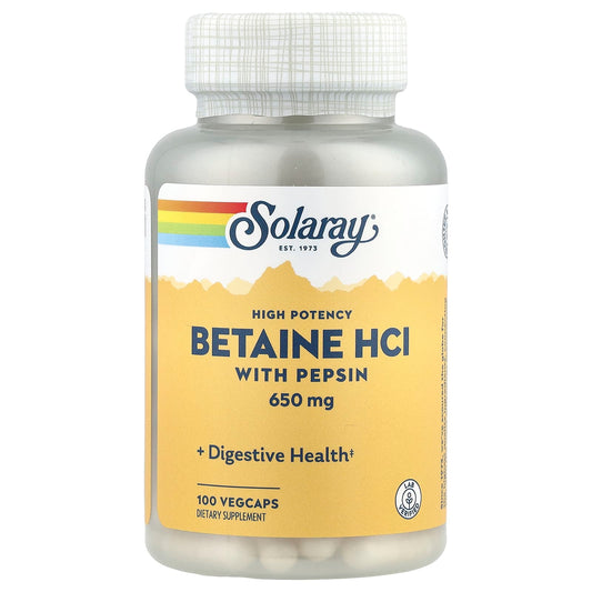 Solaray, High Potency Betaine HCl with Pepsin, 100 VegCaps - Image 1