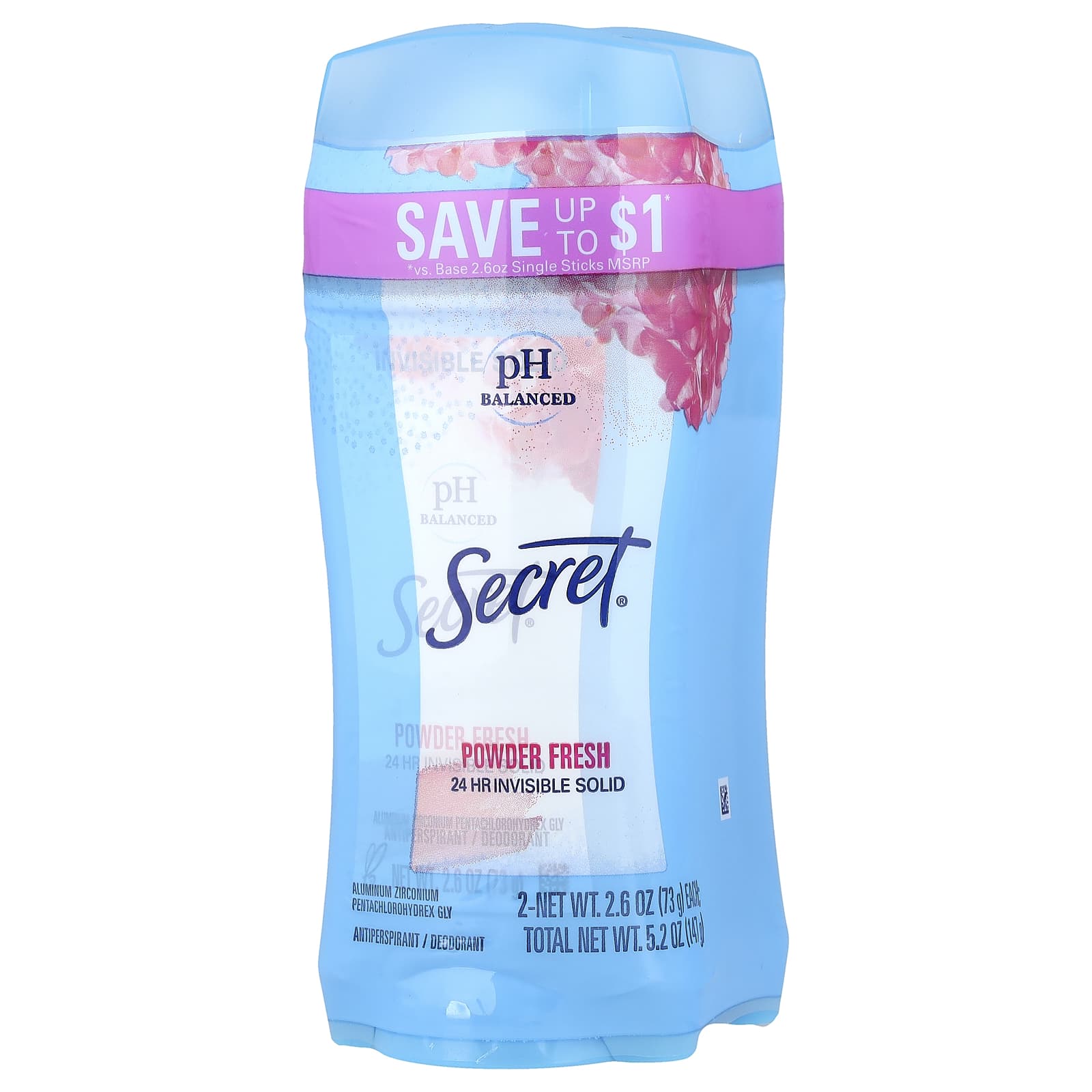 Secret, pH Balanced Invisible Solid Antiperspirant/Deodorant, Powder Fresh, Twin Pack, 2.6 oz (73 g) Each - Image 2