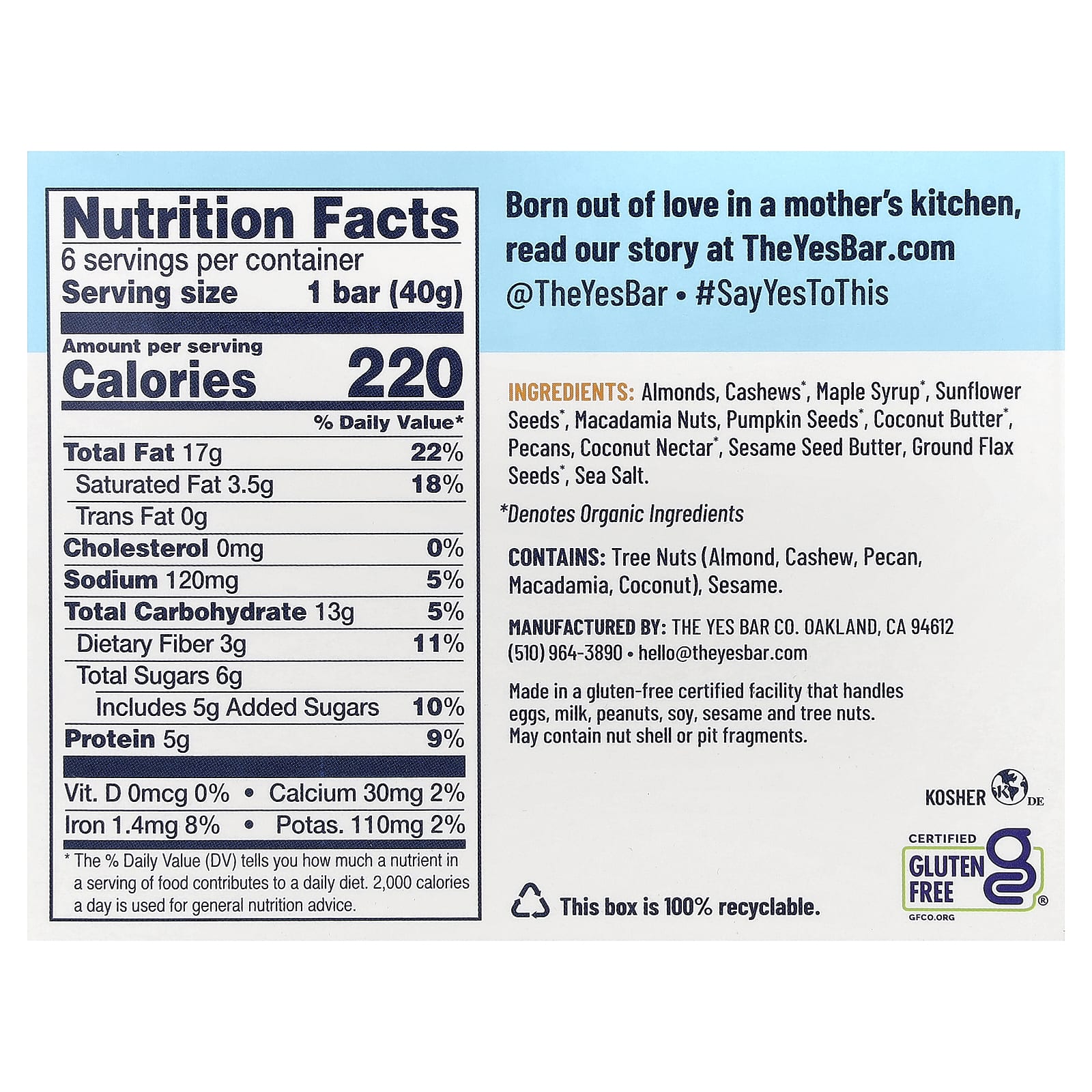 Yes Bar, Snack Bars, Salted Maple Pecan, 6 Bars, 1.4 oz (40 g) Each - Image 2