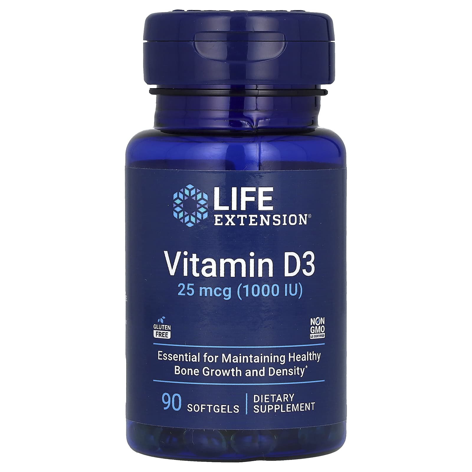 Life Extension, Vitamin D3, 25 mcg (1,000 IU), 90 Softgels - Image 1