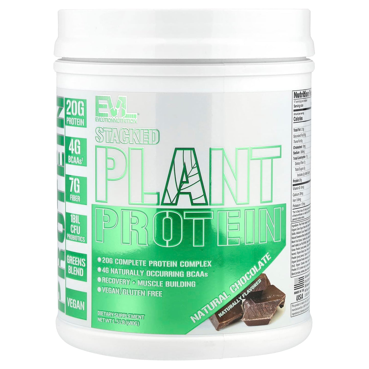 EVLution Nutrition Stacked Plant Protein Natural Chocolate 1.5 lb - Image 1