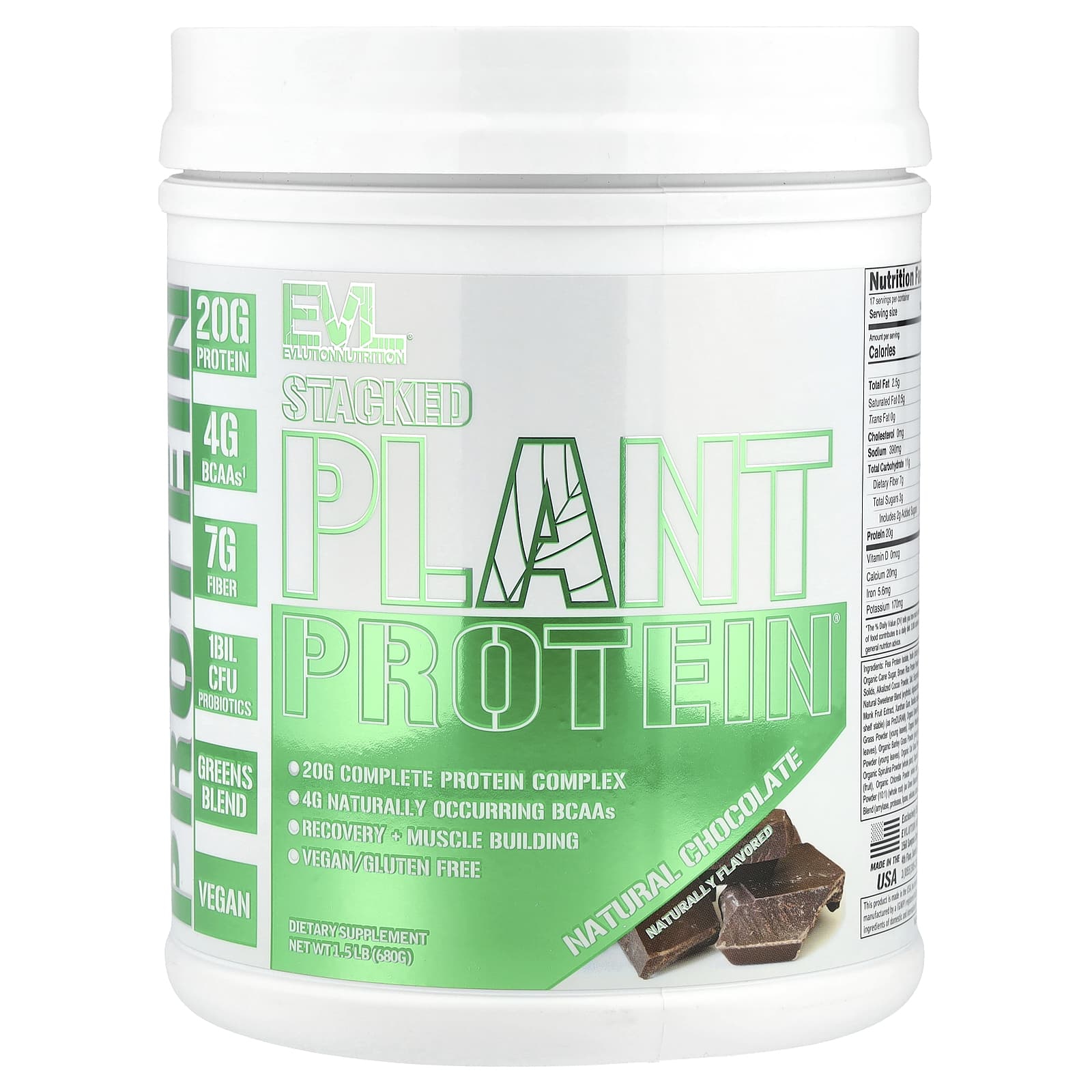 EVLution Nutrition Stacked Plant Protein Natural Chocolate 1.5 lb - Image 1