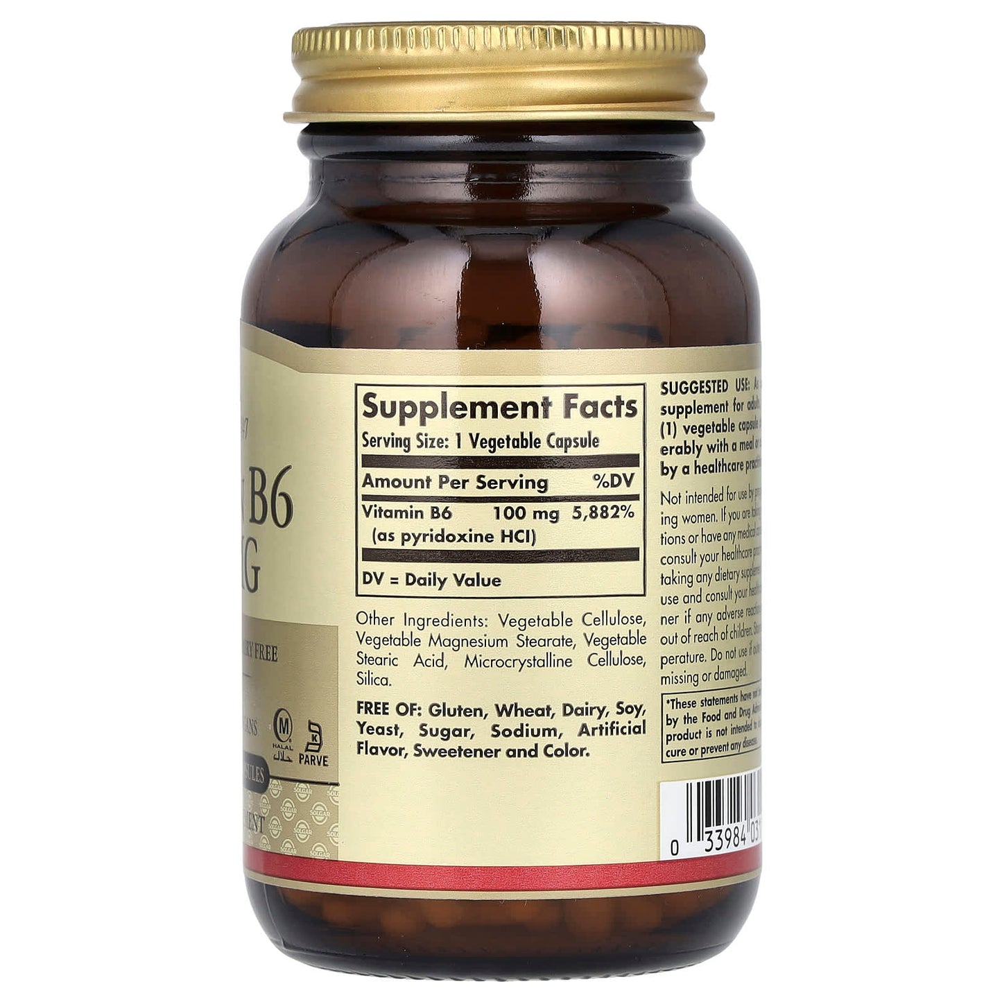 Solgar, Vitamin B6, 100 mg, 250 Vegetable Capsules - Image 2
