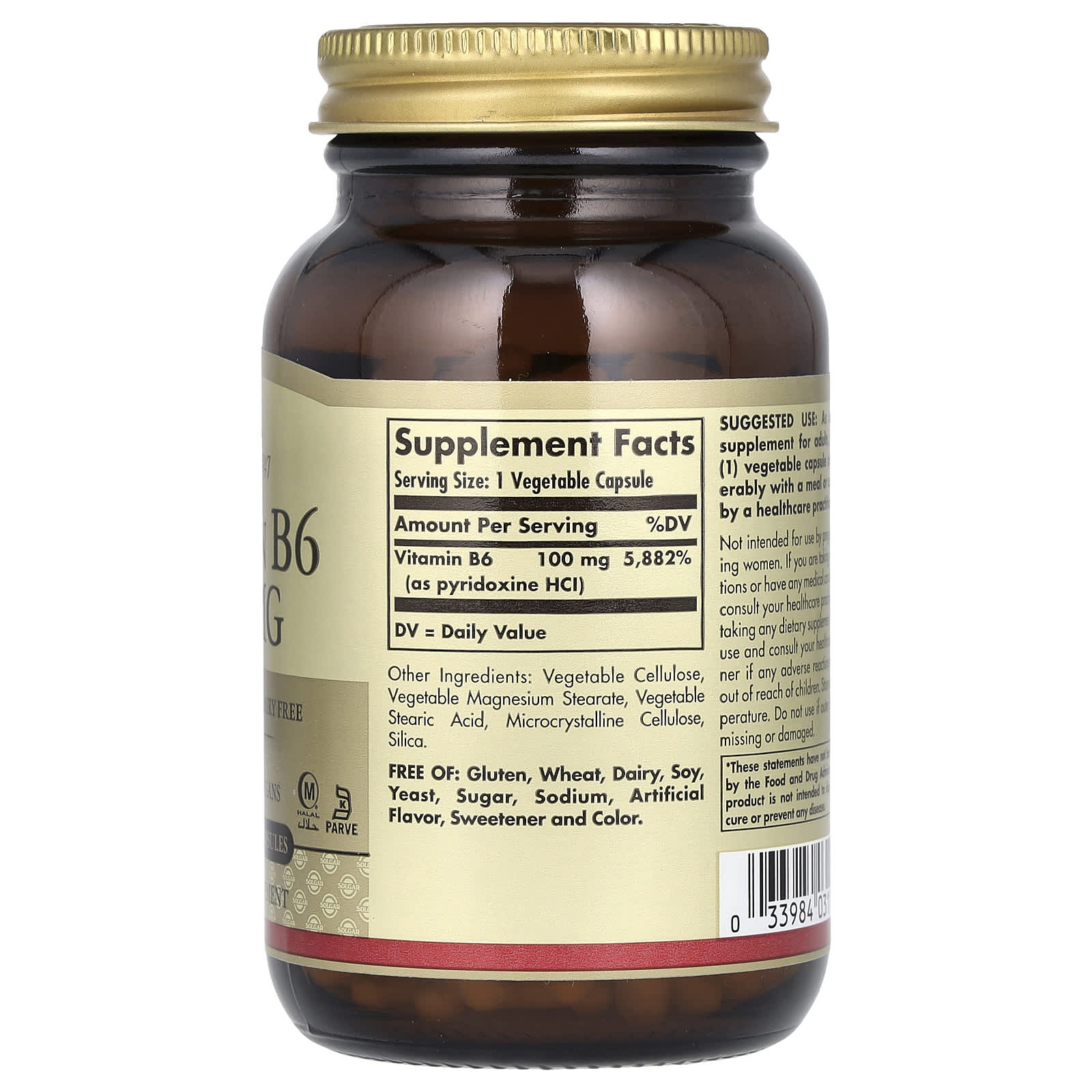 Solgar, Vitamin B6, 100 mg, 250 Vegetable Capsules - Image 2