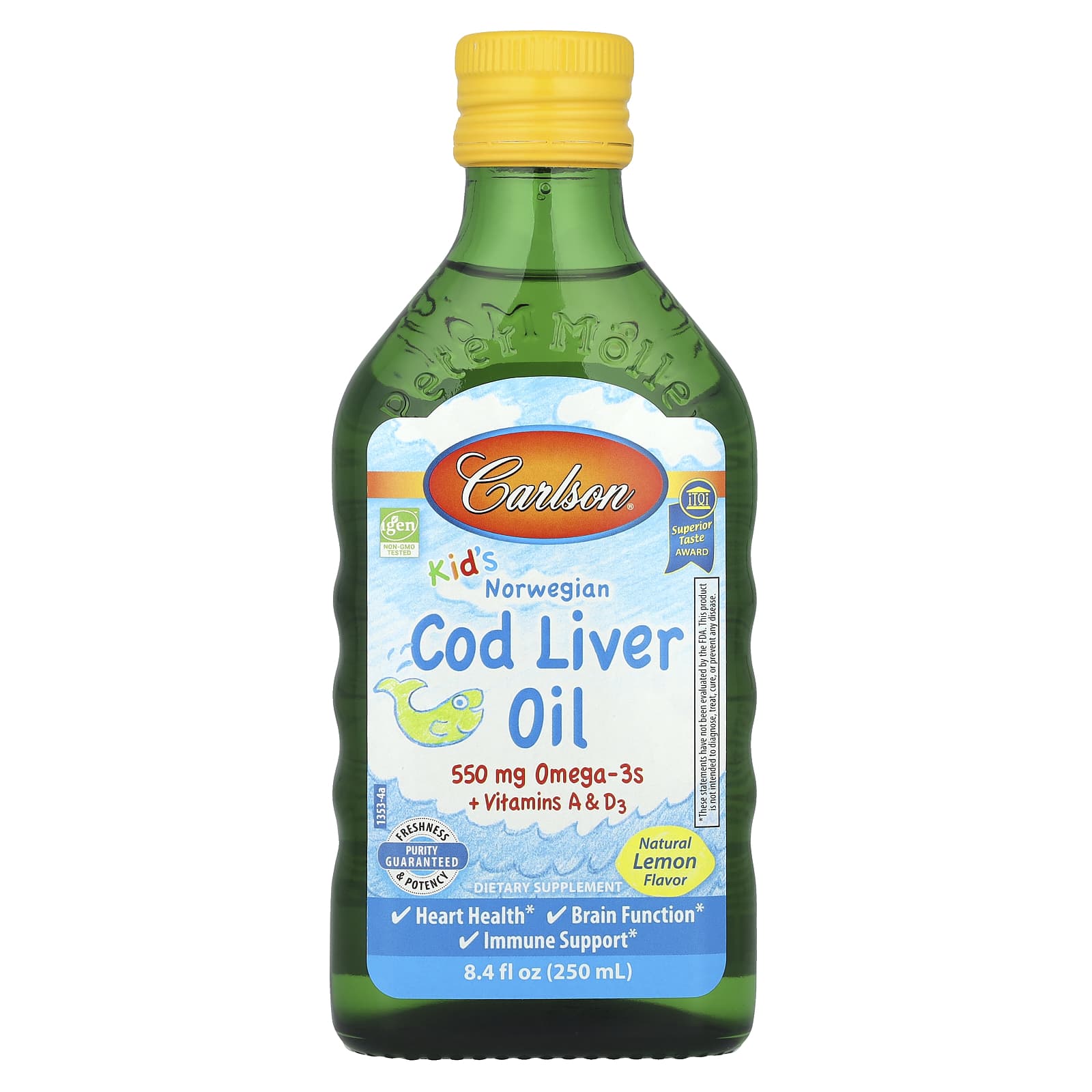 Carlson Norwegian Cod Liver Oil for Kids, Natural Lemon Flavor, 8.4 oz (250 ml) - Image 1