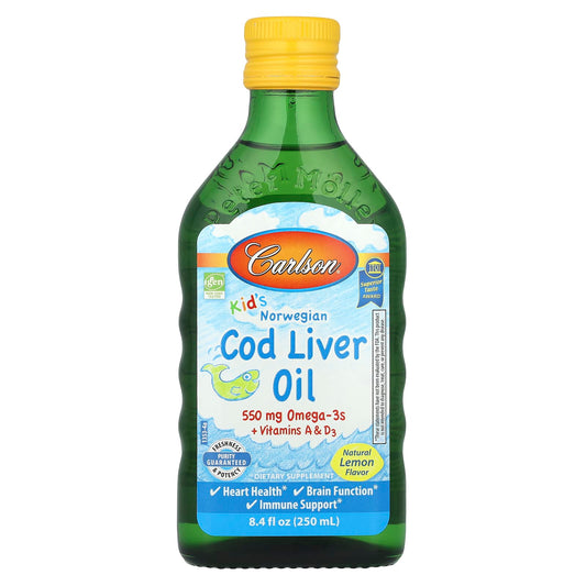 Carlson Norwegian Cod Liver Oil for Kids, Natural Lemon Flavor, 8.4 oz (250 ml) - Image 1