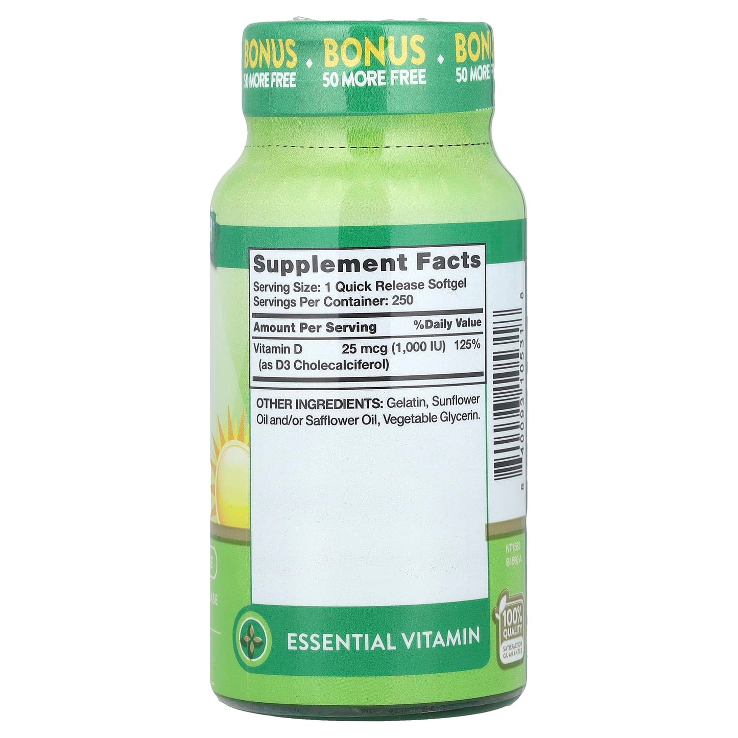 Nature's Truth, Vitamin D3, High Potency , 25 mcg (1,000 IU), 250 Quick Release Softgels - Image 2