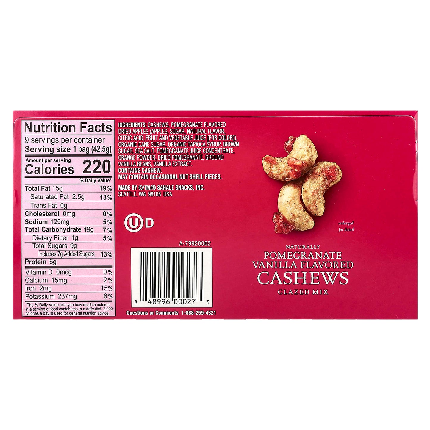Sahale Snacks, Glazed Mix, Naturally Pomegranate Vanilla Flavored Cashews, 9 Packs, 1.5 oz (42.5 g) Each - Image 2