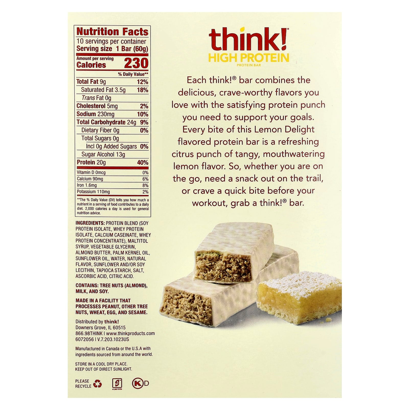 Think !, High Protein Bars, Lemon Delight, 10 Bars, 2.1 oz (60 g) Each - Image 2