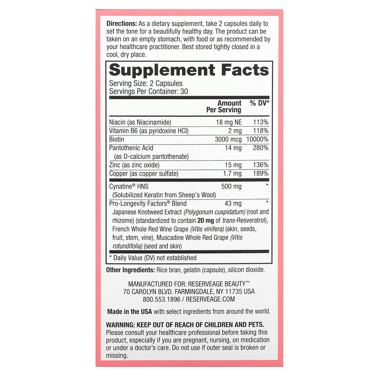 Reserveage Beauty, Keratin Hair Booster with Biotin & Resveratrol, 60 Capsules - Image 2
