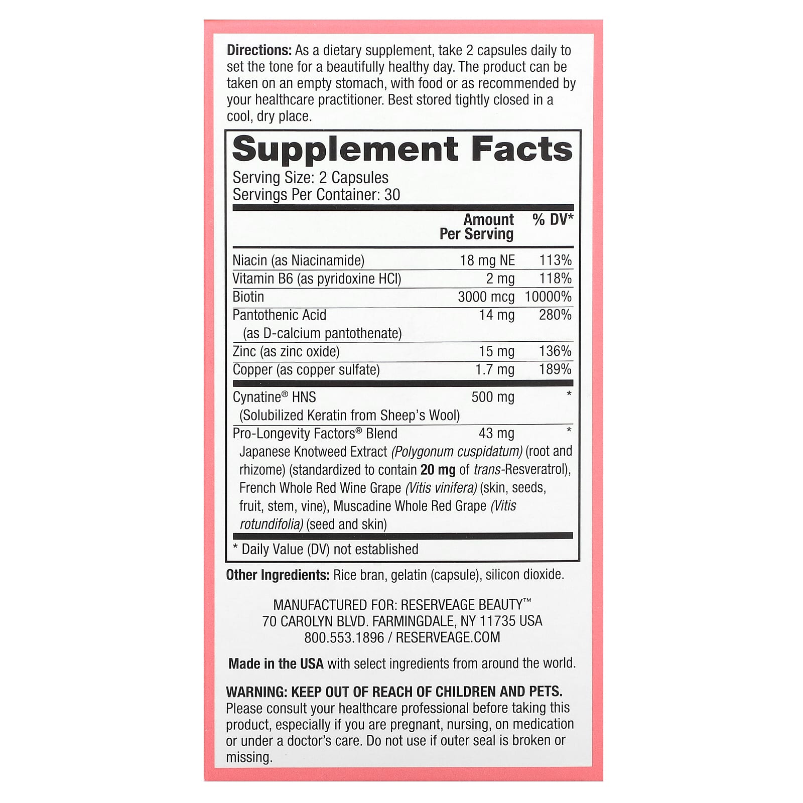 Reserveage Beauty, Keratin Hair Booster with Biotin & Resveratrol, 60 Capsules - Image 2