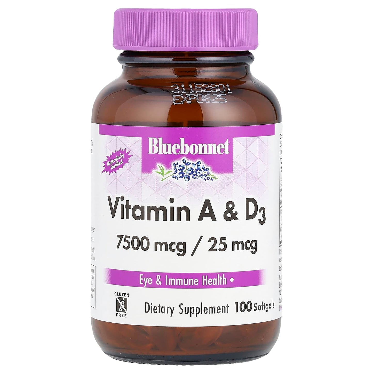 Bluebonnet Vitamin A & D3, 7500 mcg, 25 mcg, Immune & Eye Health - Image 1