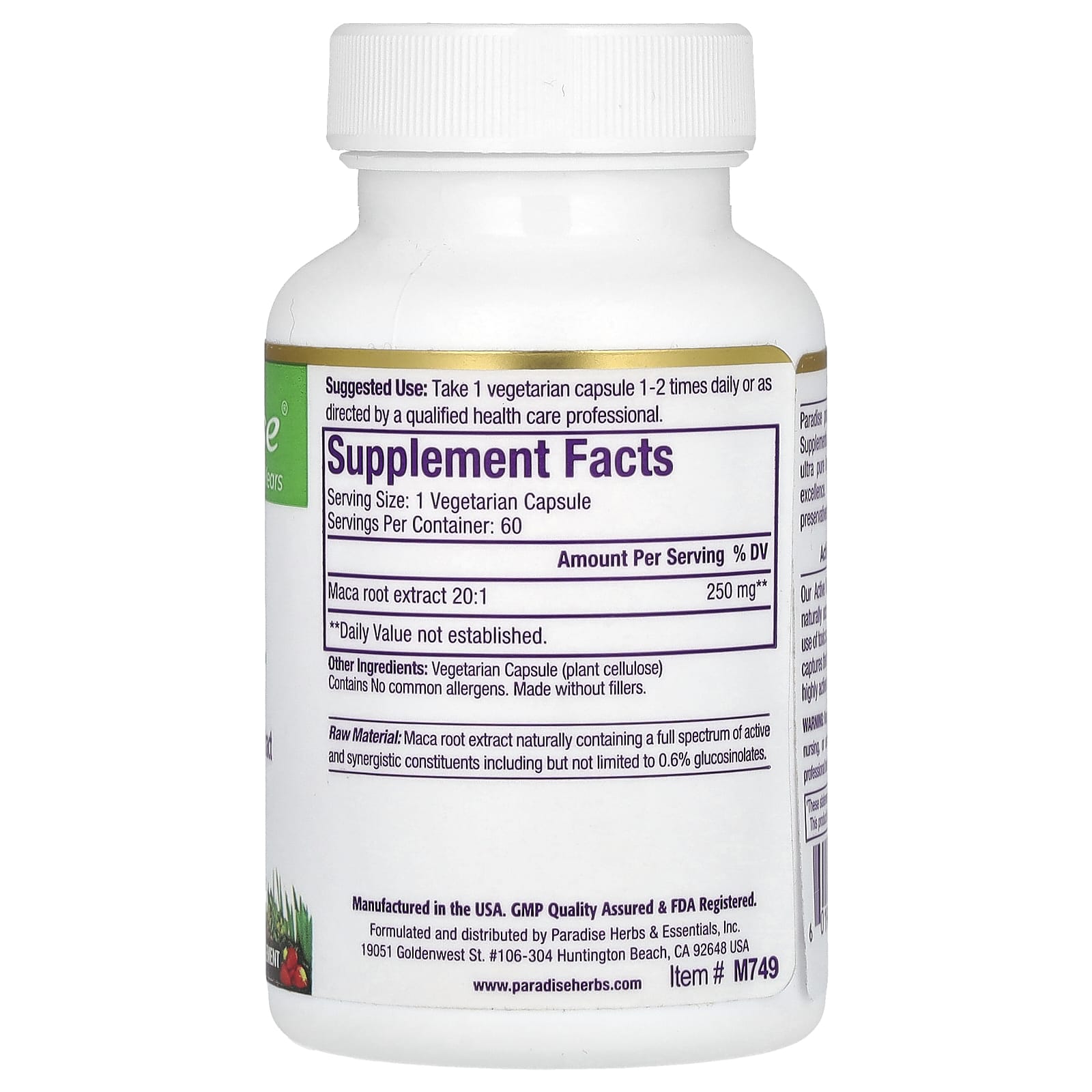 Paradise Herbs, Maca, 60 Vegetarian Capsules (250 mg per Capsule) - Image 2