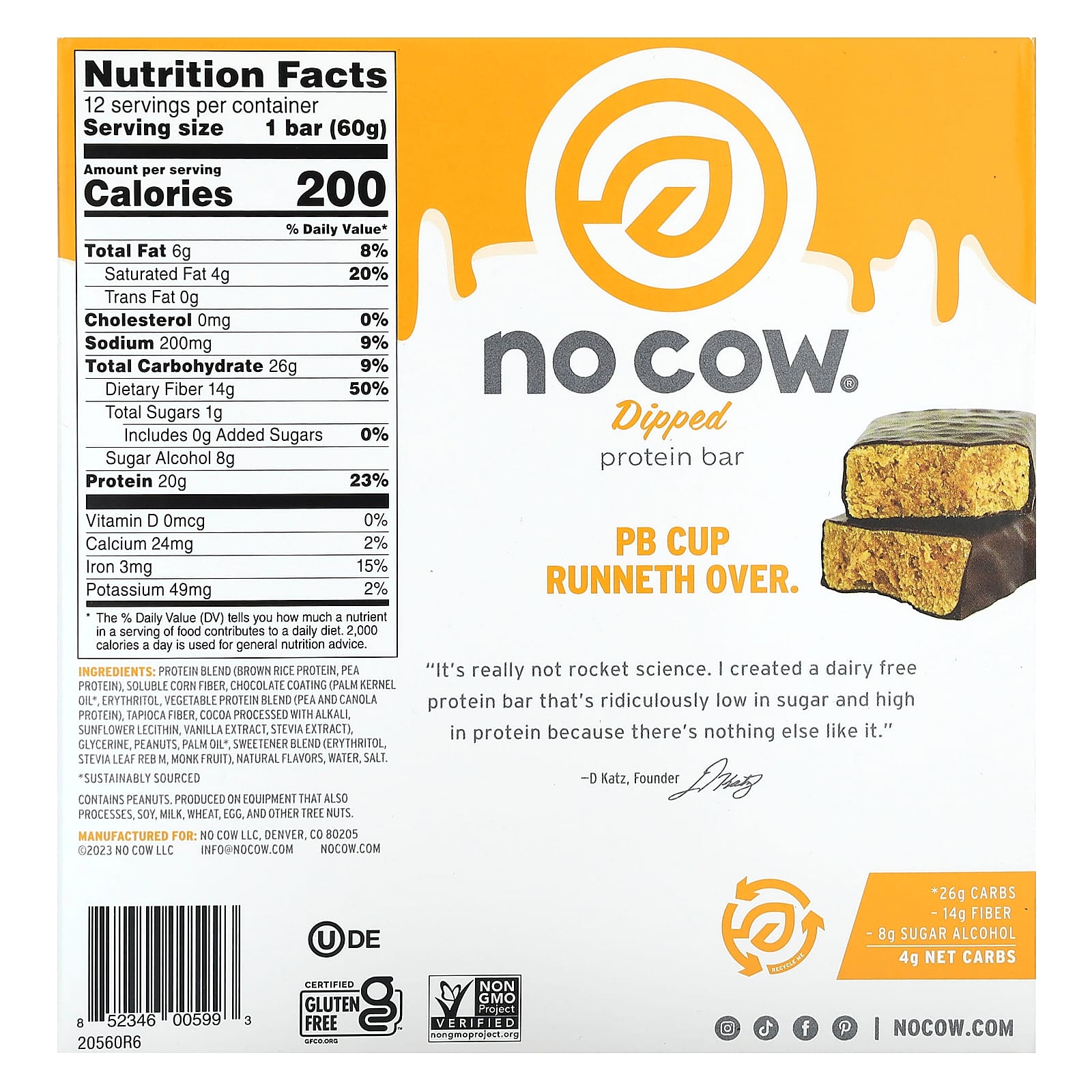 No Cow, Dipped Protein Bar, Chocolate Peanut Butter Cup, 12 Bars, 2.12 oz (60 g) Each - Image 2