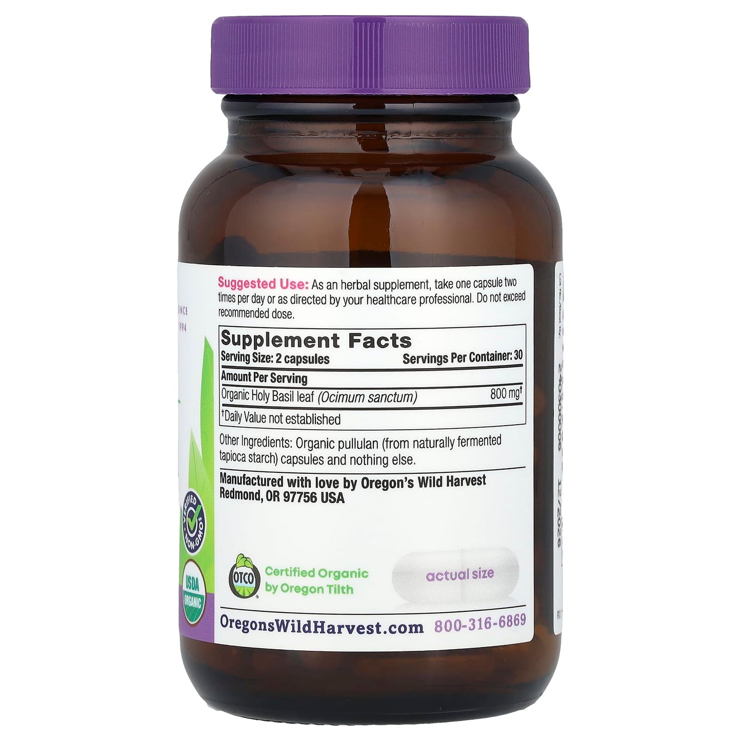 Oregon's Wild Harvest, Organic Holy Basil, 60 Vegan Capsules (400 mg per Capsule) - Image 2