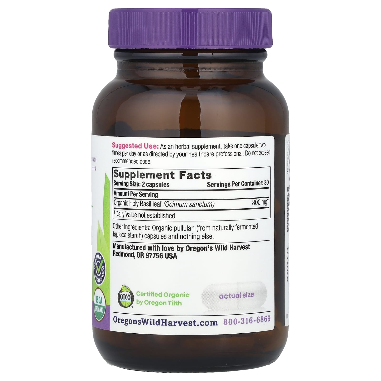 Oregon's Wild Harvest, Organic Holy Basil, 60 Vegan Capsules (400 mg per Capsule) - Image 2