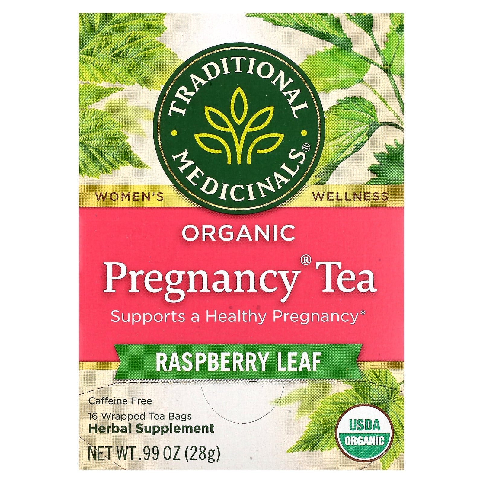 Traditional Medicinals, Organic Pregnancy Tea, Raspberry Leaf, Caffeine Free, 16 Wrapped Tea Bags, 0.99 oz (28 g) - Image 1