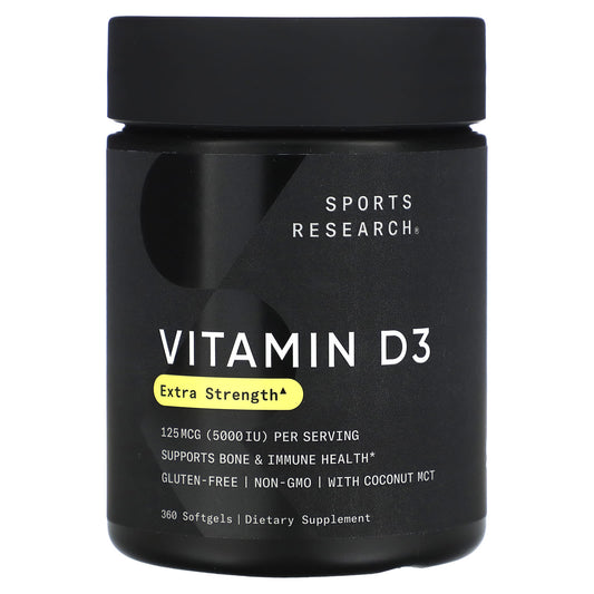 Sports Research, Vitamin D3, Extra Strength, 125 mcg (5,000 IU), 360 Softgels - Image 1