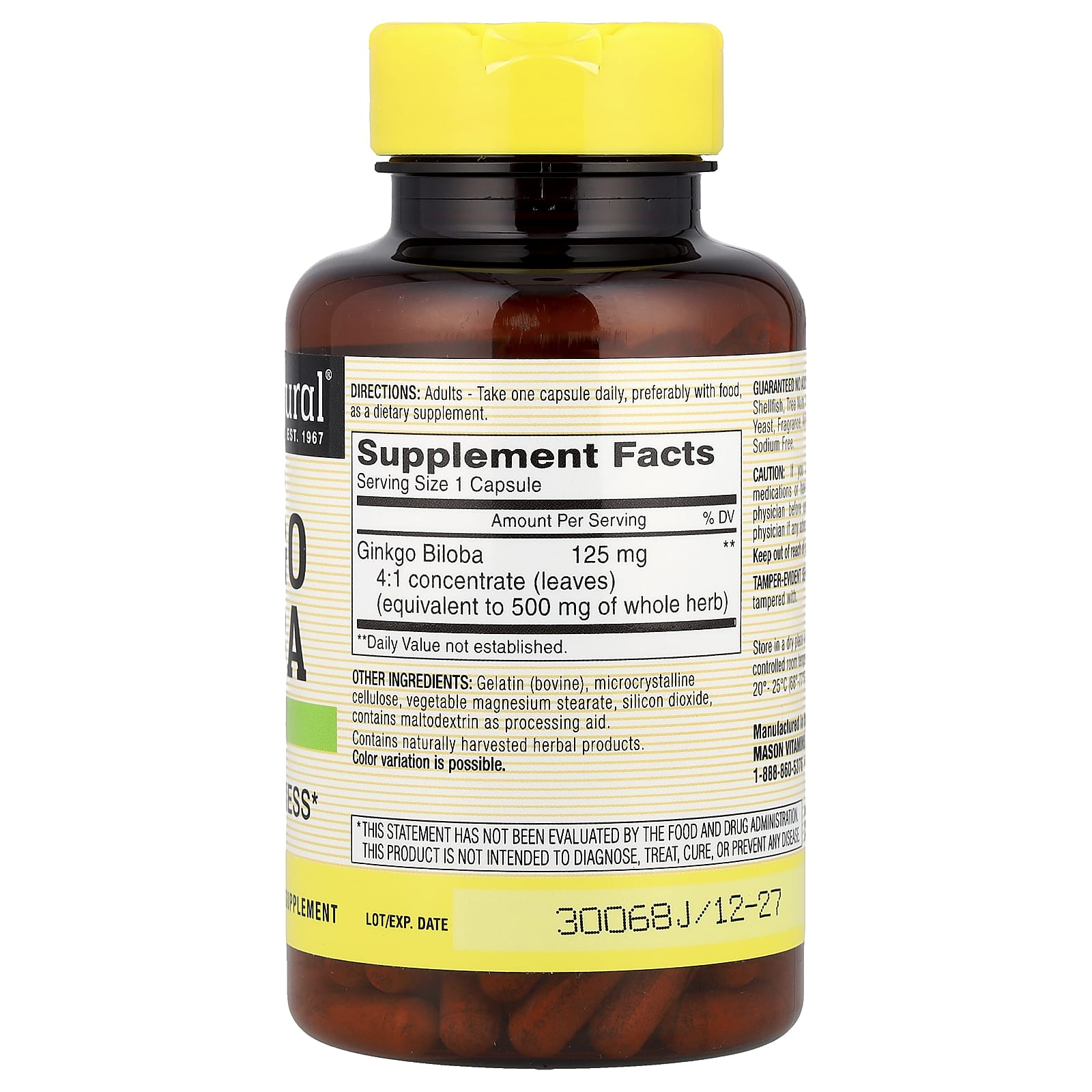 Mason Natural, Whole Herb Ginkgo Biloba, 180 Capsules (125 mg per Capsule) - Image 2