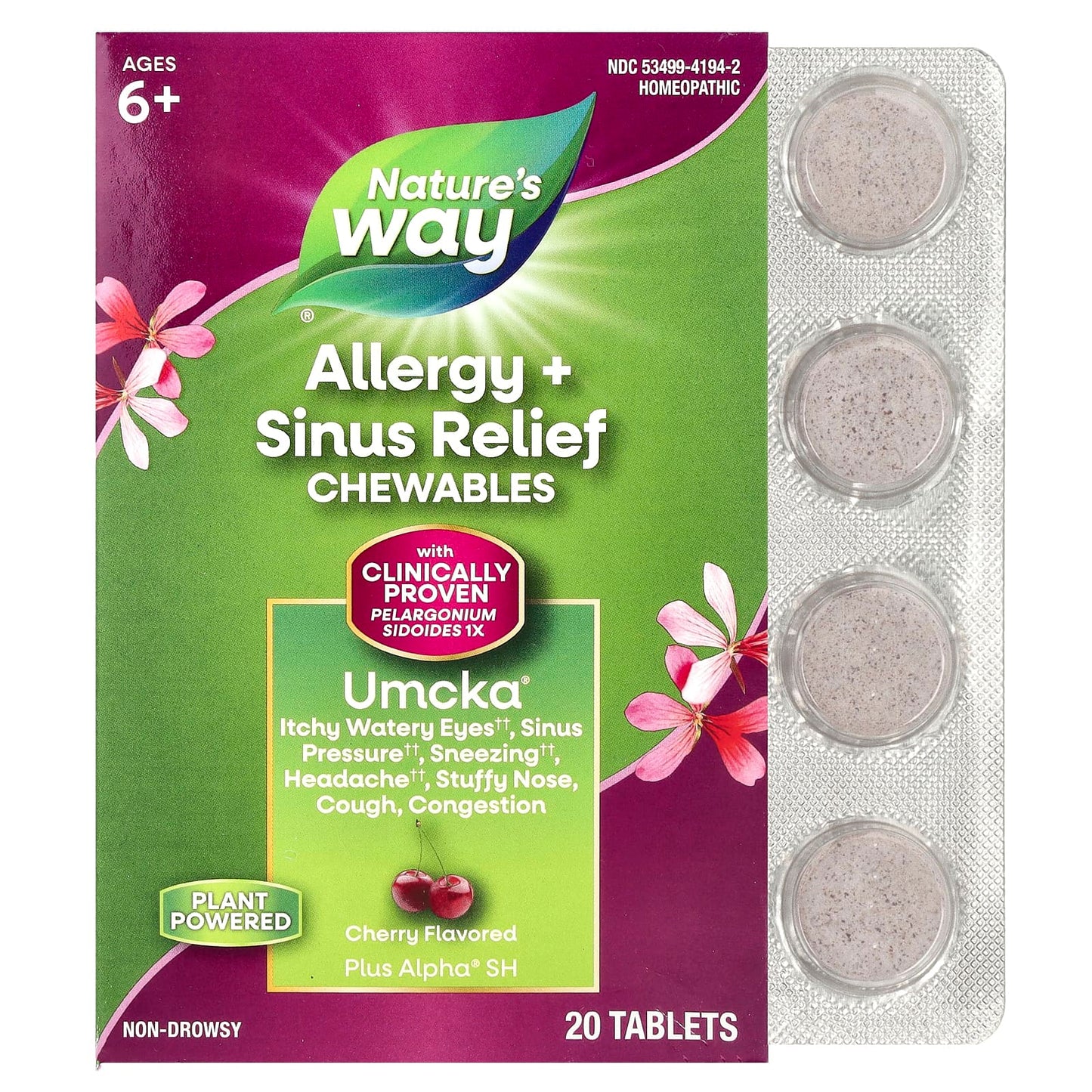 Nature's Way, Umcka®, Allergy + Sinus Relief Chewables, Ages 6+, Cherry, 20 Tablets - Image 1