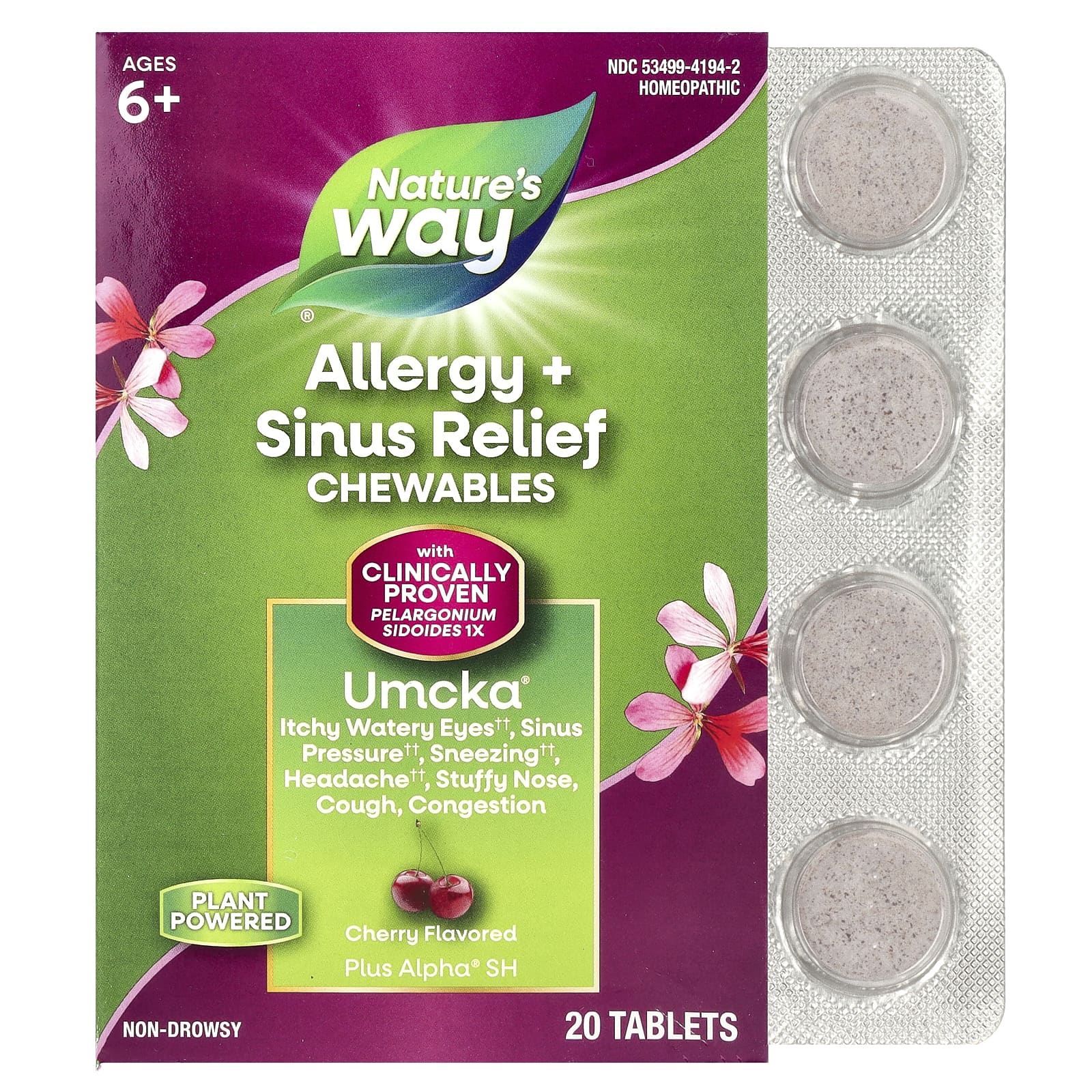 Nature's Way, Umcka®, Allergy + Sinus Relief Chewables, Ages 6+, Cherry, 20 Tablets - Image 1