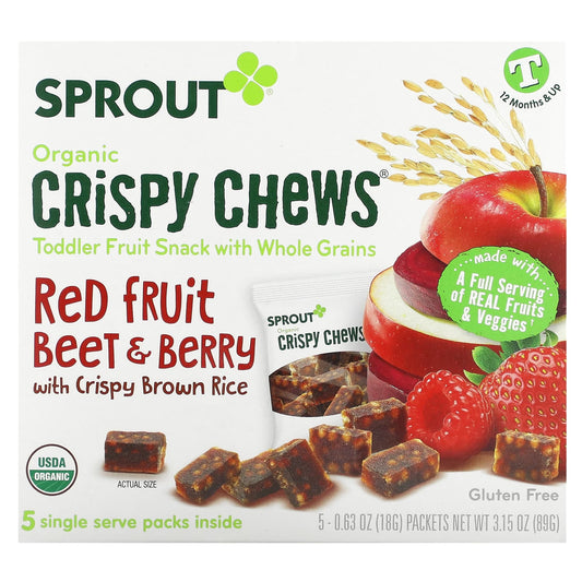 Sprout Organics, Organic Crispy Chews, 12 Months & Up, Red Fruit Beet & Berry with Crispy Brown Rice, 5 Packets, 0.63 oz (18 g) Each - Image 1