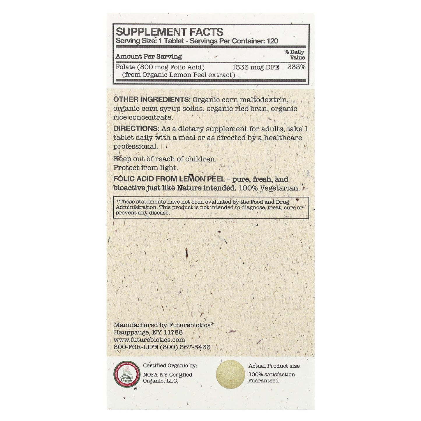 FutureBiotics Certified Organic Folic Acid, 800 mcg, 120 Tablets - Image 2