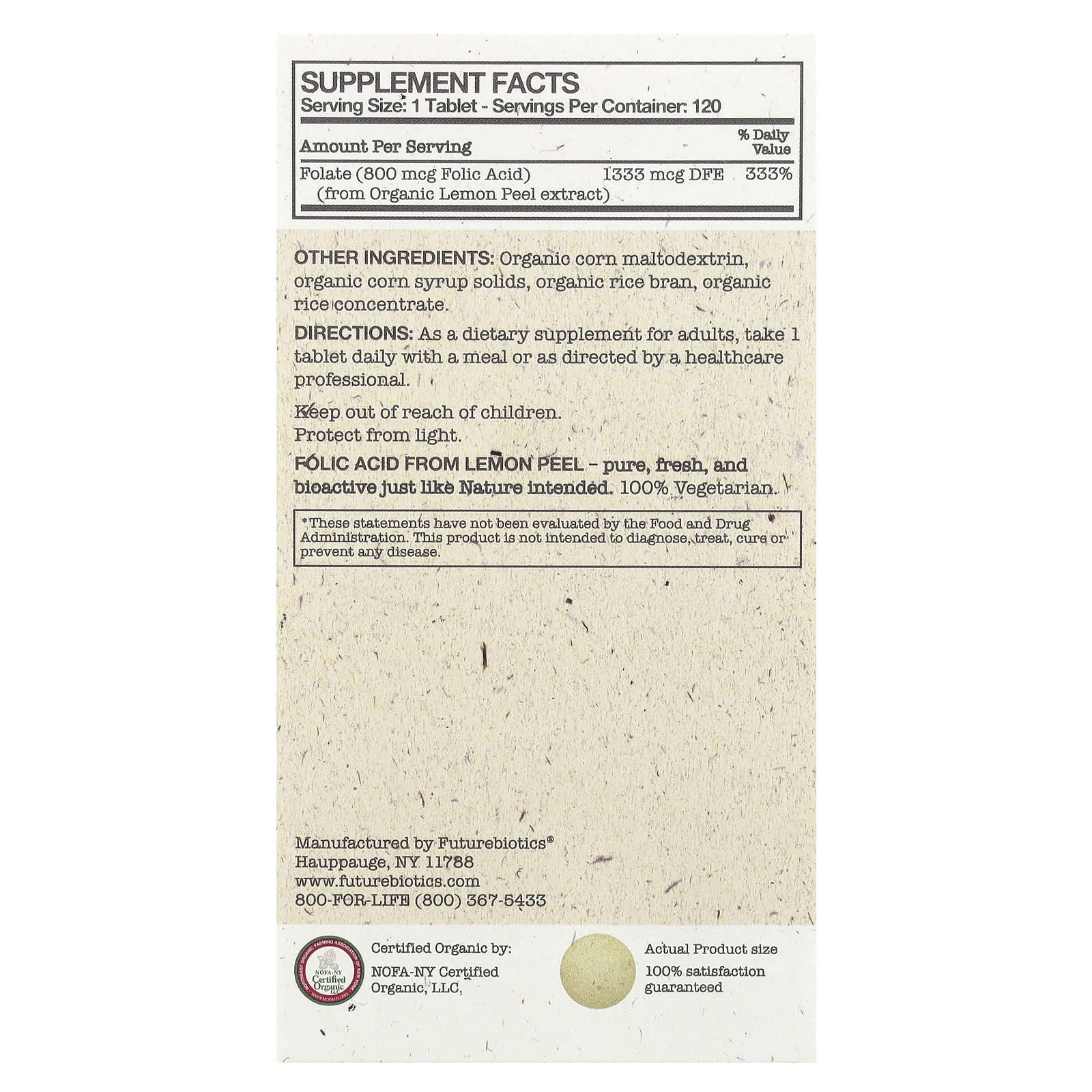 FutureBiotics Certified Organic Folic Acid, 800 mcg, 120 Tablets - Image 2
