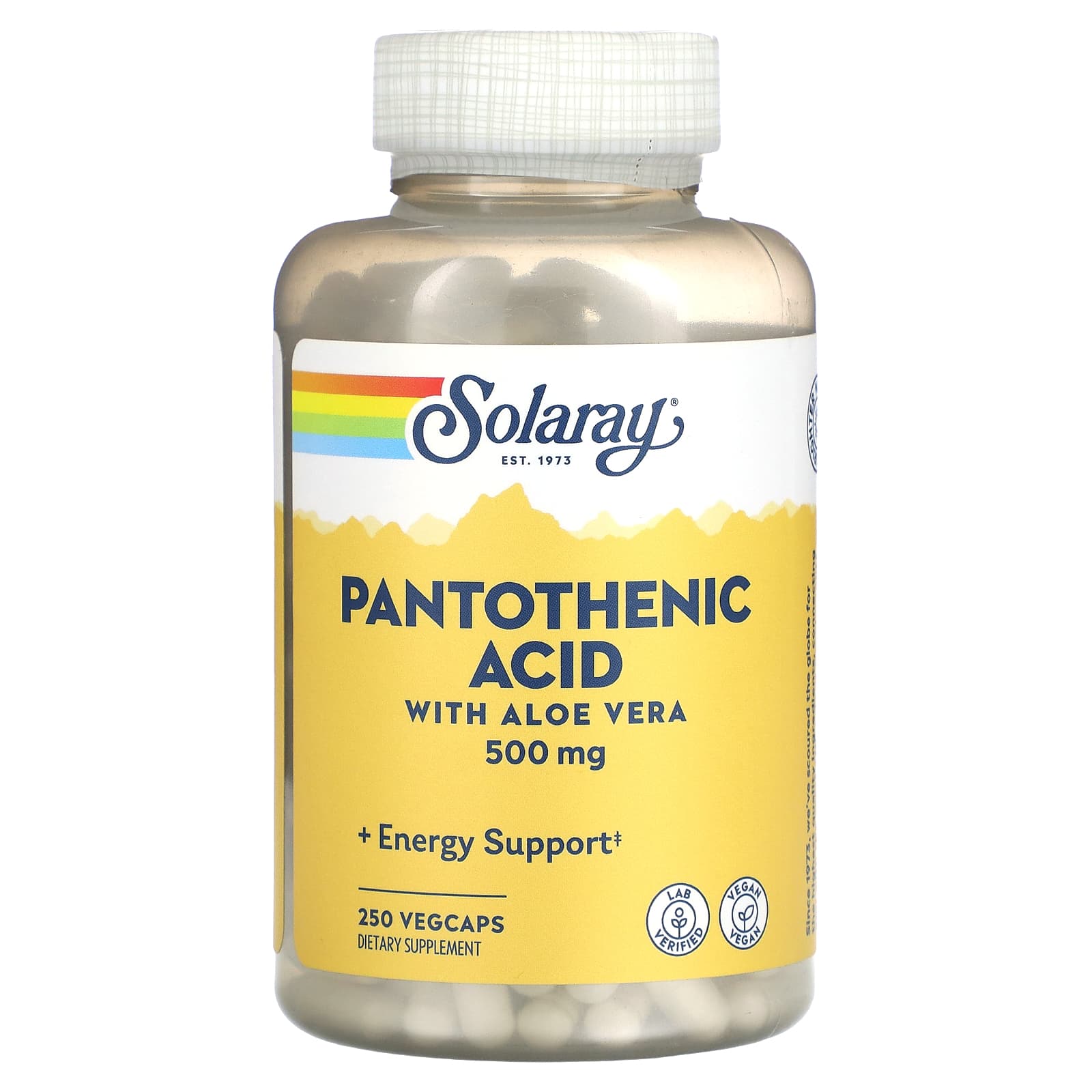 Solaray, Pantothenic Acid with Aloe Vera, 500 mg, 250 VegCaps - Image 1