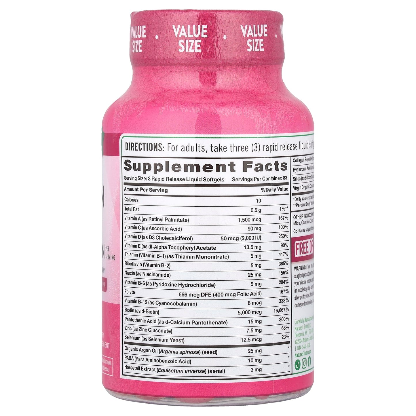 Nature's Truth, Hair, Skin & Nails with Biotin, Superior Strength, 250 Rapid Release Liquid Softgels - Image 2
