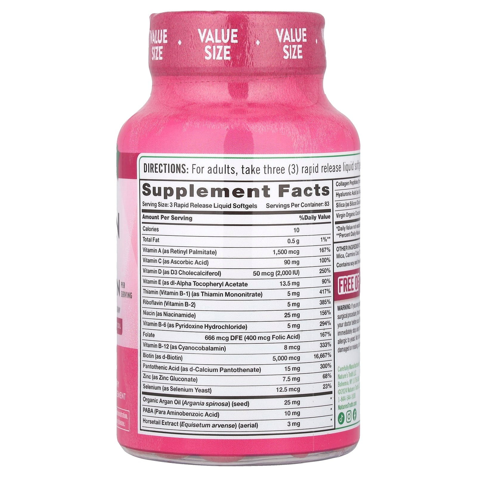 Nature's Truth, Hair, Skin & Nails with Biotin, Superior Strength, 250 Rapid Release Liquid Softgels - Image 2