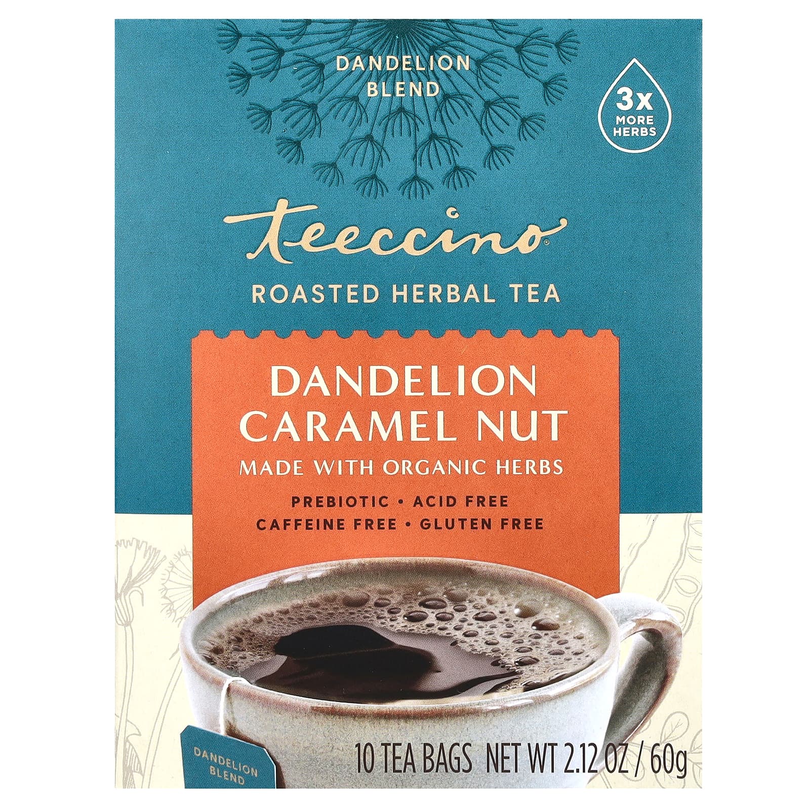 Teeccino, Roasted Herbal Tea, Dandelion Caramel Nut, Caffeine Free, 10 Tea Bags, 2.12 oz (60 g) - Image 1