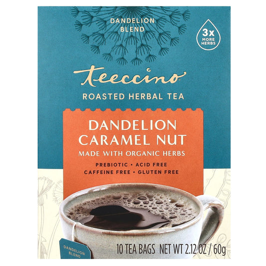 Teeccino, Roasted Herbal Tea, Dandelion Caramel Nut, Caffeine Free, 10 Tea Bags, 2.12 oz (60 g) - Image 1