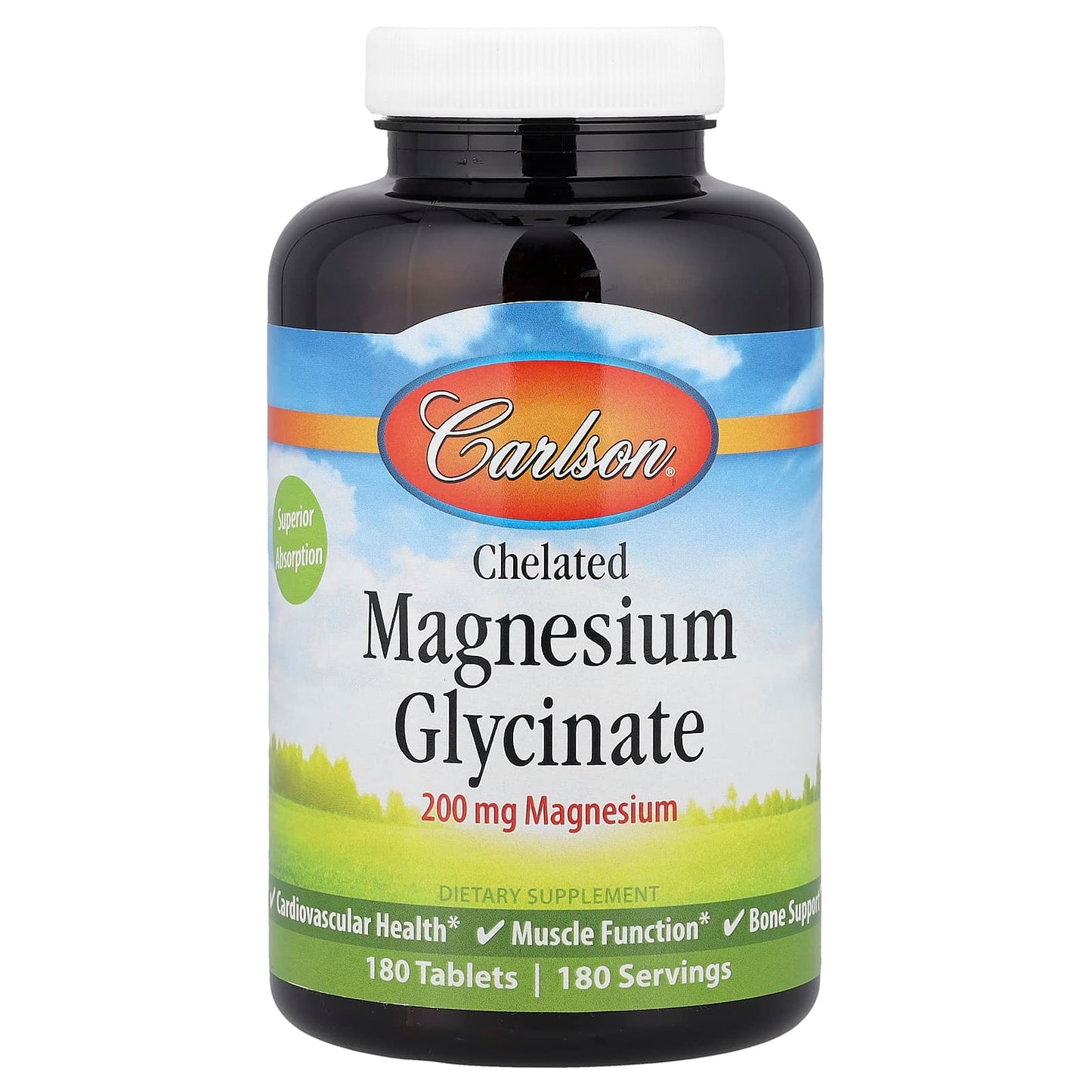 Carlson Chelated Magnesium Glycinate, 200mg, 180 Tablets for Heart Health & Bone Support - Image 1