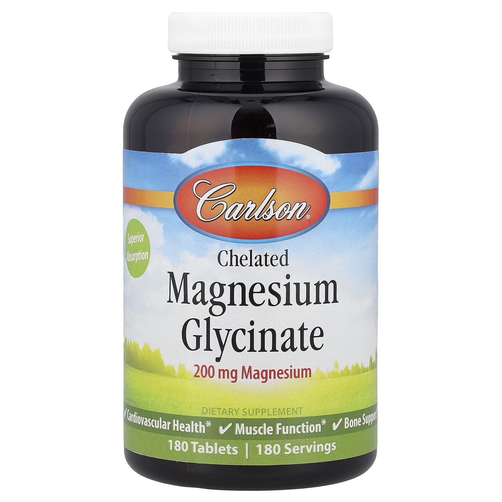 Carlson Chelated Magnesium Glycinate, 200mg, 180 Tablets for Heart Health & Bone Support - Image 1
