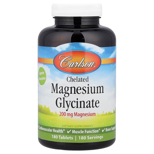 Carlson Chelated Magnesium Glycinate, 200mg, 180 Tablets for Heart Health & Bone Support - Image 1