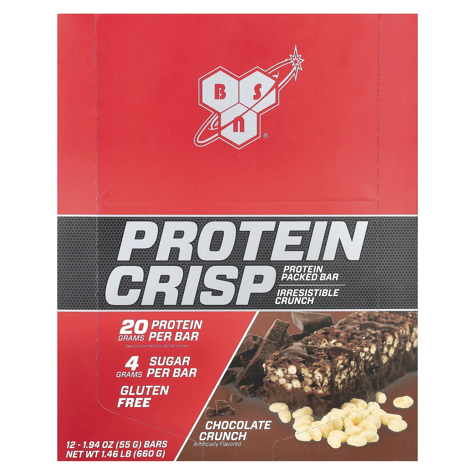 BSN Protein Crisp Bars, Chocolate Crunch, Gluten Free, 12 Count - Image 1