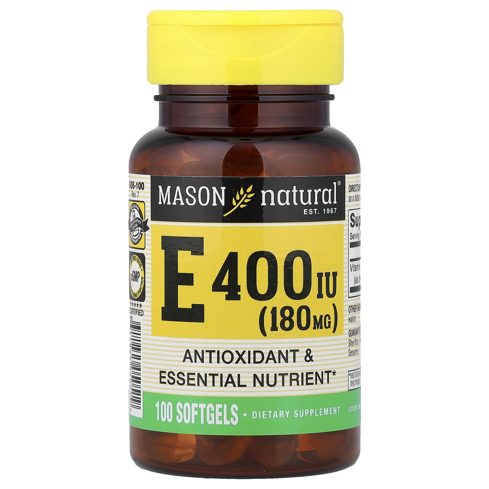 Mason Natural, Vitamin E, 180 mg (400 IU), 100 Softgels - Image 1