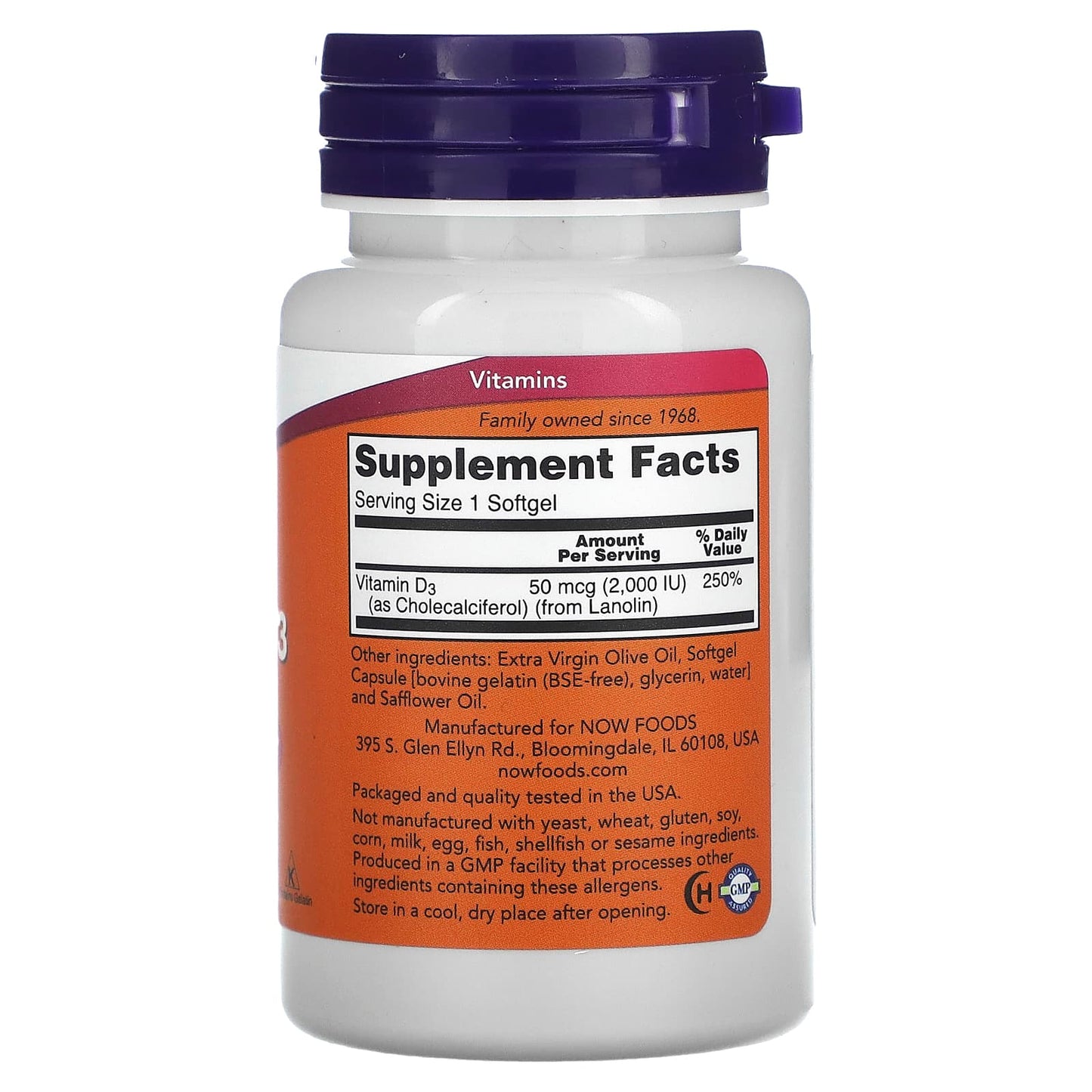 NOW Foods, Vitamin D-3, High Potency, 2,000 IU, 120 Softgels - Image 2